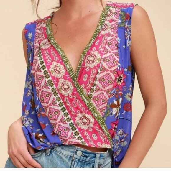Free People Havana Blue Floral Print Sleeveless Surplice Top Small - Picture 3 of 9